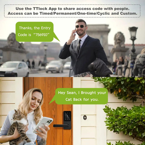 Keyless Entry Smart Door Lock With Keypad, Fingerprint Scanner, Auto Lock, And Smartphone Control, Black Finish For Airbnb Short Term Rentals, Rental Property Management, And Home Security shown in use