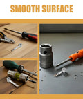 Close-up of tools and hardware, featuring 40 Piece Knockdown Hardware Kit With Pre Inserted Nut Bolts And Cam Lock Connectors For Panel Furniture And Office Desk Assembly Solid Steel Alloy Construction Silver Finish.
