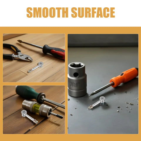Close-up of tools and hardware, featuring 40 Piece Knockdown Hardware Kit With Pre Inserted Nut Bolts And Cam Lock Connectors For Panel Furniture And Office Desk Assembly Solid Steel Alloy Construction Silver Finish.