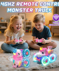 Two kids playing with a Unicorn Themed RC Car For Girls With 360 Degree Rotating Stunt Action, LED lights glowing.