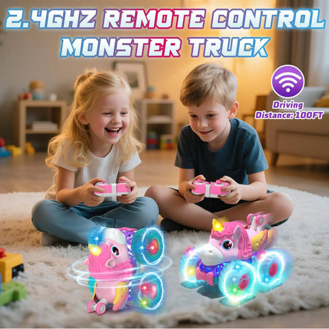 Two kids playing with a Unicorn Themed RC Car For Girls With 360 Degree Rotating Stunt Action, LED lights glowing.