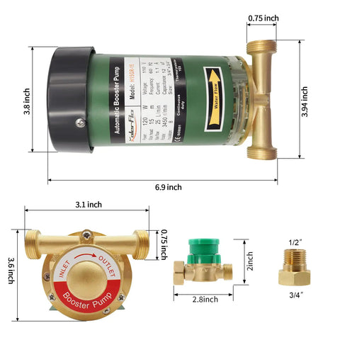 120W Water Pressure Booster Pump For Home Use With Automatic Operation, 115VAC, 396 GPH Flow, 21.7 PSI Boost, with dimensions