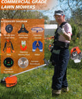 Person holding a Heavy Duty 52cc Gas Weed Eater 4 In 1 Workhorse Tool With Straight Shaft with accessory diagram in the yard