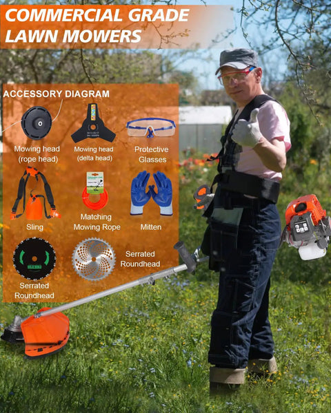 Person holding a Heavy Duty 52cc Gas Weed Eater 4 In 1 Workhorse Tool With Straight Shaft with accessory diagram in the yard