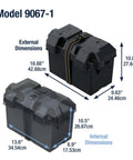 Rock Solid Battery Storage Box With Heavy Duty Mounting Strap Built Tough As Nails For Marine And RV Use fits Group 27 Batteries in black shown with dimensions.