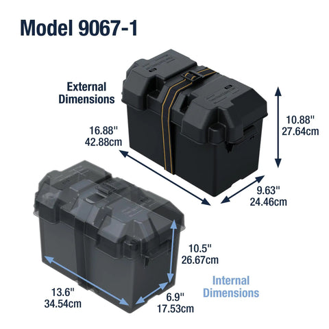 Rock Solid Battery Storage Box With Heavy Duty Mounting Strap Built Tough As Nails For Marine And RV Use fits Group 27 Batteries in black shown with dimensions.