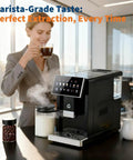 Heavy Duty Espresso Coffee Maker With Adjustable Grinder And Automatic Milk Frother, Featuring A Removable Brewer, Detachable Milk Cup, Triple Flavor Settings, And Sleek Black Finish For Game Changing Morning Sips, with steamy milk frother and a woman enjoying coffee.