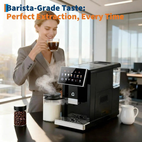 Heavy Duty Espresso Coffee Maker With Adjustable Grinder And Automatic Milk Frother, Featuring A Removable Brewer, Detachable Milk Cup, Triple Flavor Settings, And Sleek Black Finish For Game Changing Morning Sips, with steamy milk frother and a woman enjoying coffee.