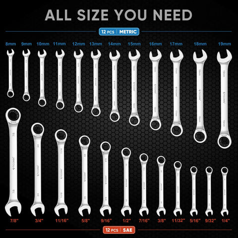 24 Piece Ratcheting Wrench Set With Organizer Rack displayed on black background, featuring 12 SAE and 12 metric sizes.