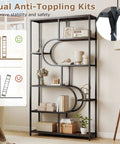 Modern 5 Tier Bookcase With Sturdy Open Metal Frame In Brown Black Oval Finish with decor items, corner placement