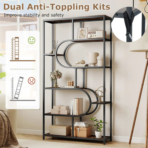 Modern 5 Tier Bookcase With Sturdy Open Metal Frame In Brown Black Oval Finish with decor items, corner placement