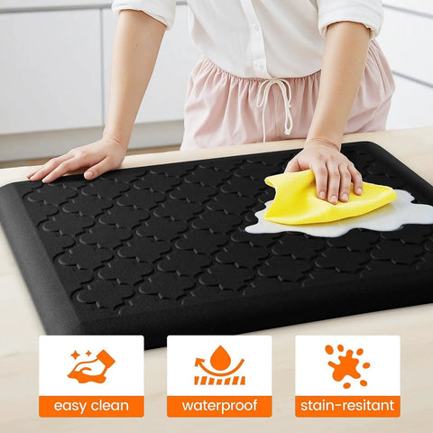 Person cleaning Ultra Thick Anti Fatigue Kitchen Mat 0.8 Inch Memory Foam Cushion Non Slip Water Resistant Floor Mat in kitchen