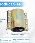 Water pipe repair clamp for 4-inch pipes; zinc-coated metal with bolts, front view, 180mm × 200mm, 105mm bore.