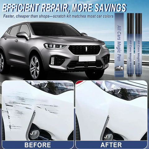 Universal Car Scratch Remover Pen Kit For All Colors shown with before and after car paint repair results, 2 pack.