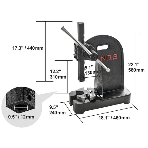 Rugged 3 Ton Manual Arbor Press dimensions with measurements, Heavy Duty Cast Iron Desktop Hand Press for crafting use.