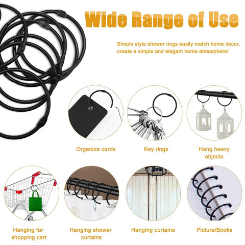 Rustproof Metal Shower Curtain Hooks 24 Pack That Glide Smoothly Round Rings For Curtains On A Bathroom Shower Rod Black Finish With Snap Joint Design And Heavy Duty Construction Holds Up To 60 Lb shown with various uses