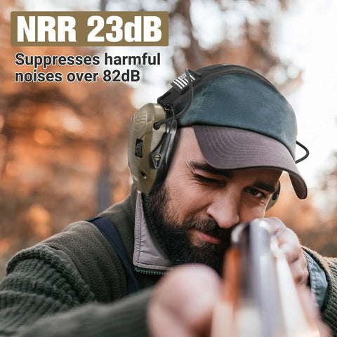 Man aiming a rifle wearing NRR 23dB Shooting Earmuffs With Gel Ear Pads Slim Profile Range Ready Noise Reduction and Sound Amplification for Gun Range and Hunting Built for All Day Comfort Brown.