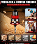 Professional Countersink Drill Bit Set With Adjustable Depth Stop Collar For Woodworking, showcasing smooth bits drilling into wood.