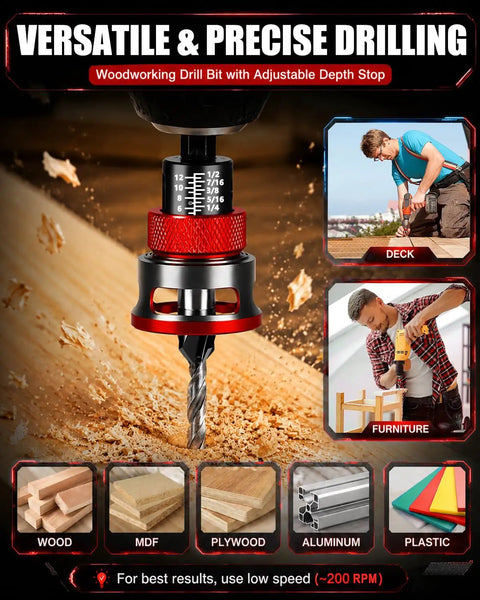 Professional Countersink Drill Bit Set With Adjustable Depth Stop Collar For Woodworking, showcasing smooth bits drilling into wood.