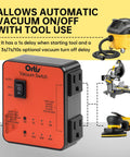 Front view of Ortis Vacuum Switch, orange plastic autoswitch with dual outlets and on/off rocker.