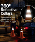 Two Pack 28 Inch Collapsible Traffic Cones With Reflective Collar, Orange Pop Up Safety Cones at night in a parking scenario