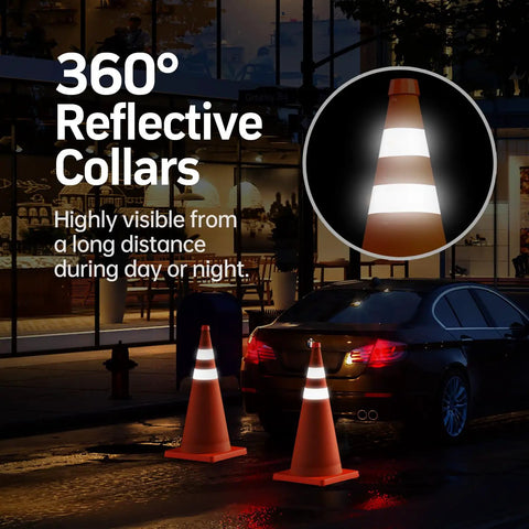 Two Pack 28 Inch Collapsible Traffic Cones With Reflective Collar, Orange Pop Up Safety Cones at night in a parking scenario