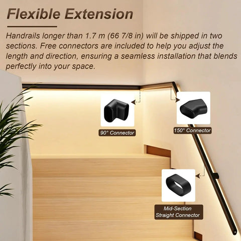 Flexible connectors for Ultra Smooth Body Sensing Lighted Stair Handrail For Indoor Steps Wall Mounted Safety Rail.