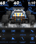 Front view of Beast 1:10 Scale High Speed RC Car With LED Shell Lights 4x4 Off Road Monster Truck, speed and run time displayed.