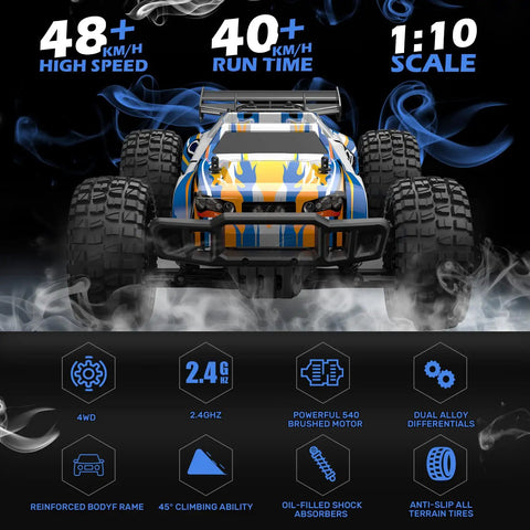 Front view of Beast 1:10 Scale High Speed RC Car With LED Shell Lights 4x4 Off Road Monster Truck, speed and run time displayed.