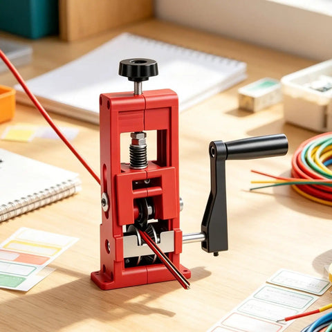 Hand Crank Wire Stripper Machine For Copper Recovery Bulk Processing Double Drive Design Universal Fast Stripping Tool on a workbench.