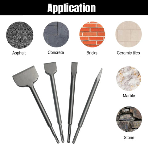 Application of Beefy SDS Plus Rotary Hammer Tile Chisel Set 4 Piece Kit with chisel bits for demolition on various materials