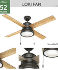 52 Inch Indoor Ceiling Fan With Energy Efficient LED Light And Pull Chain Standard Mount Four Blades Quiet Operation For Bedroom Living Room Or Kitchen Noble Bronze Finish Loki 54152