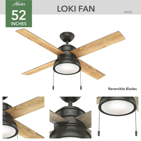 52 Inch Indoor Ceiling Fan With Energy Efficient LED Light And Pull Chain Standard Mount Four Blades Quiet Operation For Bedroom Living Room Or Kitchen Noble Bronze Finish Loki 54152