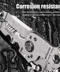 Eighteen In One Foldable Wire Stripper And Crimping Tool with water droplets showcasing corrosion resistance on a dark surface.