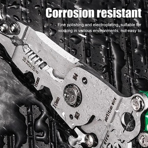 Eighteen In One Foldable Wire Stripper And Crimping Tool with water droplets showcasing corrosion resistance on a dark surface.