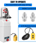 Dual Acting 12V Hydraulic Power Unit With Plastic Reservoir For Dump Truck And Trailer Hydraulic Systems Electric Pump Delivers 2900 PSI Lift With 3200 PSI Relief 6 Quart Capacity shown with connectors and remote control