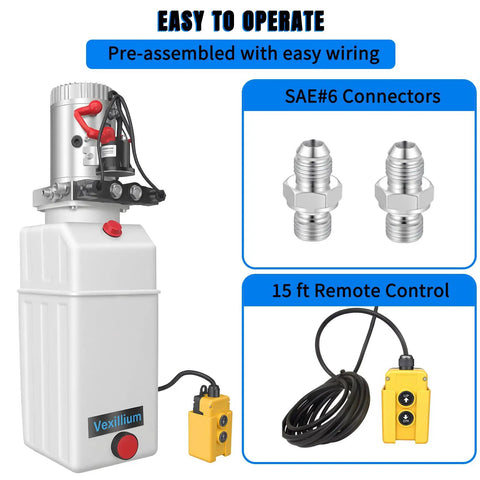Dual Acting 12V Hydraulic Power Unit With Plastic Reservoir For Dump Truck And Trailer Hydraulic Systems Electric Pump Delivers 2900 PSI Lift With 3200 PSI Relief 6 Quart Capacity shown with connectors and remote control