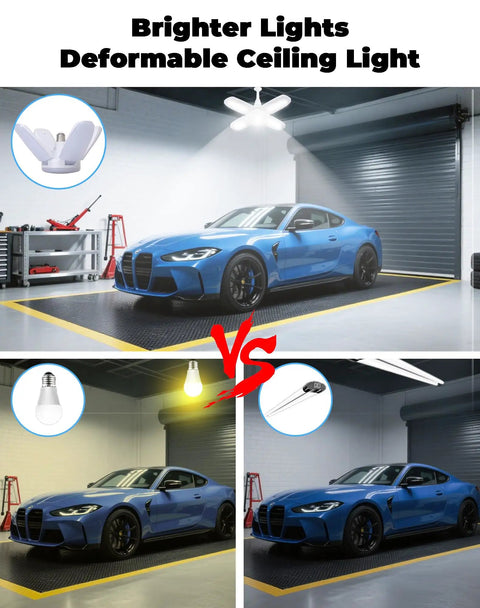 4 Pack Deformable LED Garage Lights With 5 Light Heads For Even Brightness, 6000LM 60W Total Power in garage with car