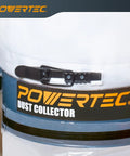 Close-up of POWERTEC branded 1 HP Dust Collector With 1 Micron Bags And Mobile Base, 800 CFM Woodshop Dust Collection System