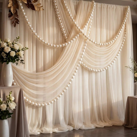 100 Piece Pearl Ball Garland Kit 2.2 Inch Pearlescent White Quick Link Bead Chains For Wall Arches Party Decor Birthday Wedding Anniversary Graduation Easy DIY Friendly Setup With Elastic Thread And Needle displayed on draped backdrop