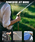 Person using heavy duty metal garden hose nozzle with high pressure for watering, fits standard 3/4 inch hoses, shown in jet mode.