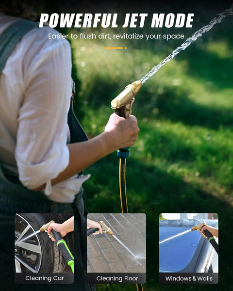 Person using heavy duty metal garden hose nozzle with high pressure for watering, fits standard 3/4 inch hoses, shown in jet mode.