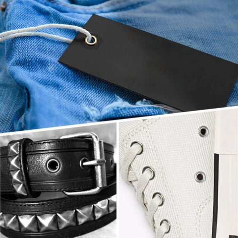 Close-up of 1/8 inch ID brass grommets eyelets kit for canvas, clothes, leather on denim, belt, and shoe
