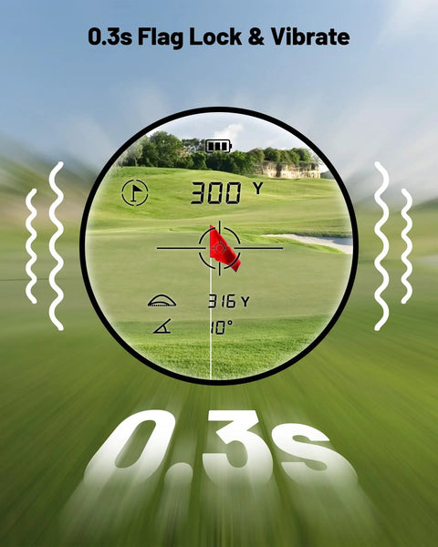 View through Golf Range Finder With Slope On Off, 1200 Yard Laser, 7X Magnification, showing flag lock vibration feature.