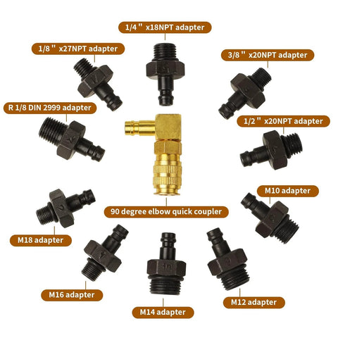 Front view of oil pressure tester kit with brass 90-degree elbow quick coupler and multiple black adapters.