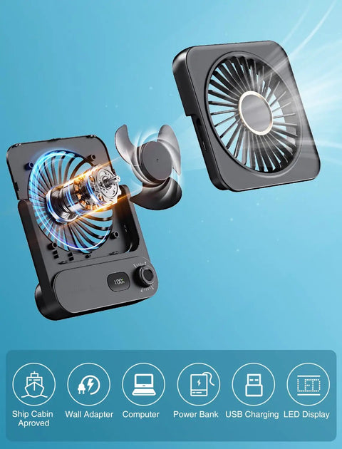 Exploded view of Cruise Ship Approved Magnetic Fan With 100 Speed Levels Rechargeable Portable Fan components on blue background.