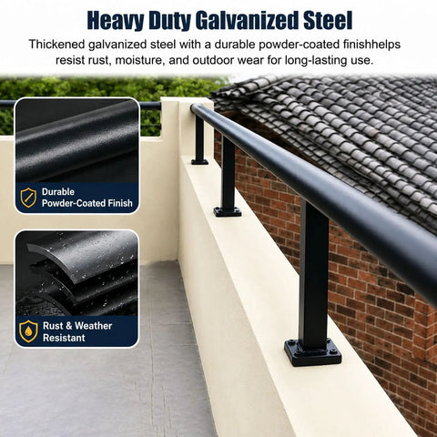 Height Increasing Balcony Railing Kit With Wall Extender For Low Walls Delivers Hella Secure Safety Barrier For Kids And Pets Featuring No Sweat Lightweight Assembly And Beastly Strength Durability, showing heavy duty galvanized steel with black powder-coated finish.