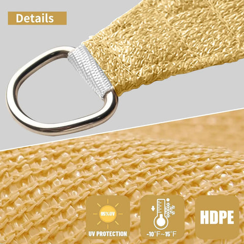 Close-up of Sun Shade Sail 12 Ft By 12 Ft By 12 Ft Triangle Sand Canopy UV Block Sunshade with HDPE fabric and metal D-ring