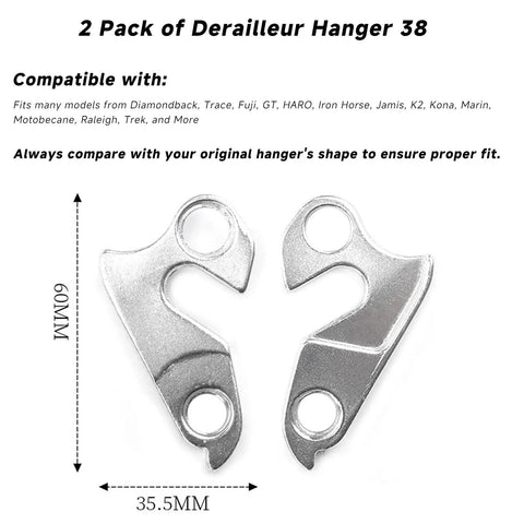 Two Pack Derailleur Hanger 38 CNC Alloy Rear Mech Dropout Replacement for Mountain Bikes shown in 35.5mm size