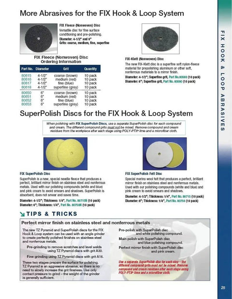 Fix SuperPolish Disc For Hook And Loop System, shown in product catalog with specs and tips for metal polishing.